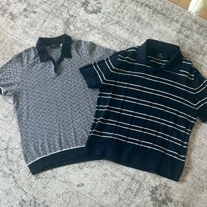 Ben Sherman Navy and White Striped V-Neck Polo Sweater